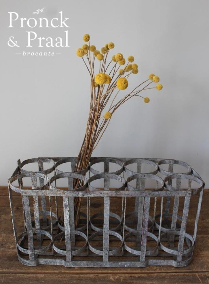 Oude Franse brocante mat zinken flessenkrat *Pronck & Praal*, Antiek en Kunst, Curiosa en Brocante, Ophalen of Verzenden