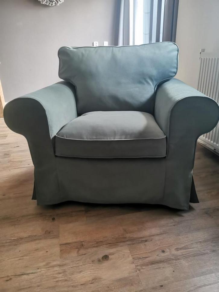 IKEA Ektorp fauteuil Hakebo grijsgroen in nieuwstaat, Huis en Inrichting, Fauteuils, Zo goed als nieuw, 75 tot 100 cm, Ophalen