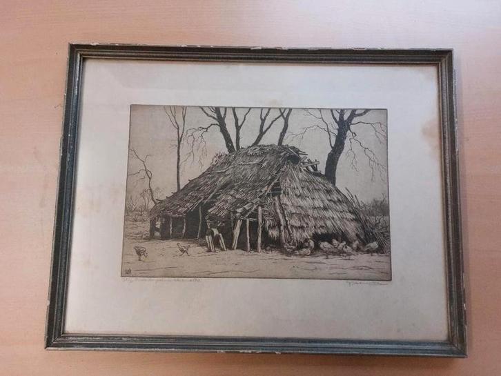 Ets Johan Hemkes – “Oude turfschuur Westerwolde” – 38/75, Antiek en Kunst, Kunst | Etsen en Gravures, Ophalen of Verzenden