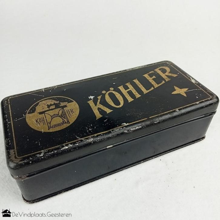 Antiek naaimachineblik – Köhler – jaren 20/30, Verzamelen, Blikken, Zo goed als nieuw, Overige, Overige merken, Ophalen of Verzenden