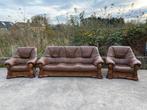 Zwaar eiken bruin leren kuipbankstel 3+1+1 zits !!, Huis en Inrichting, Ophalen, Gebruikt, Overige maten, Kuipbankstel