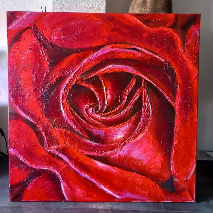 3D Reliëf Schilderij "Rode Roos" Handgeschilderd 100x100 cm, Antiek en Kunst, Kunst | Schilderijen | Modern, Ophalen
