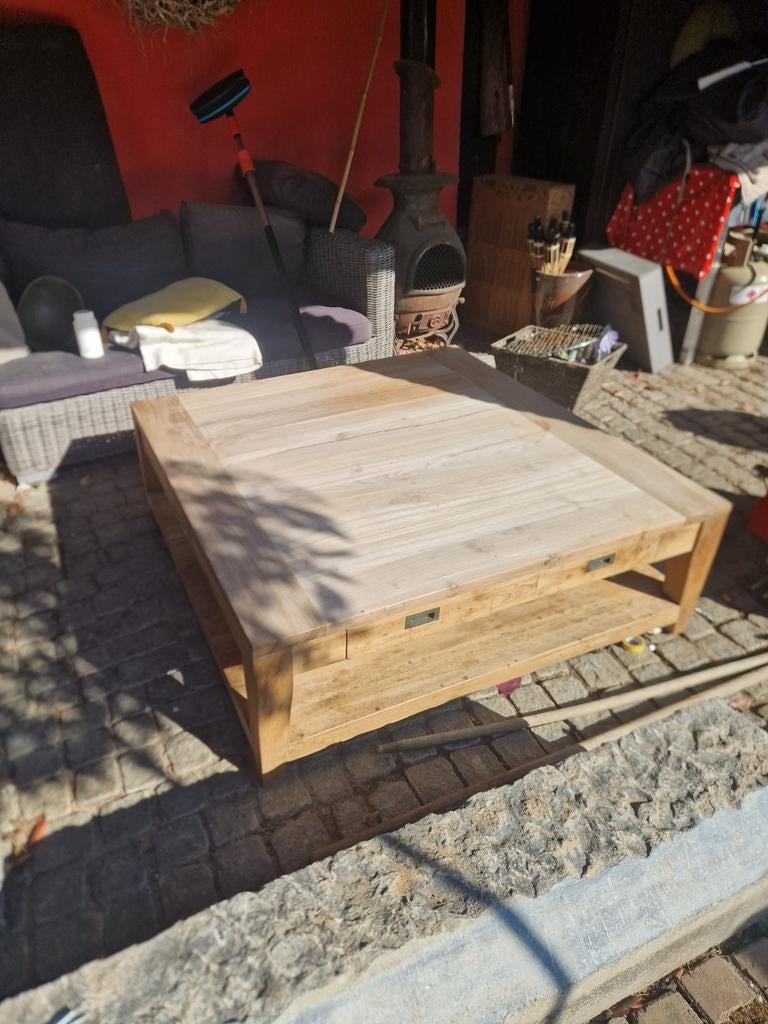 Grote teakhouten salontafel, Ophalen, 50 mm of meer, Balk, Minder dan 200 cm
