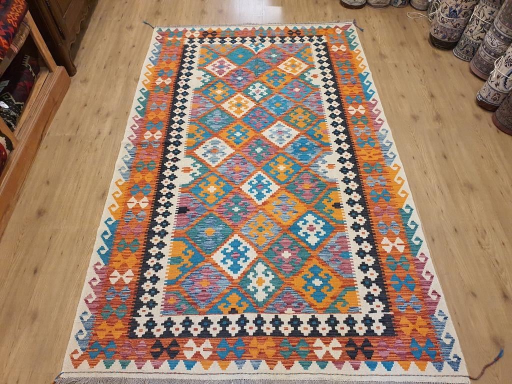 Handgeweven oosterse wollen kelim 265x160, Huis en Inrichting, Info@SlatsAntiek.nl, 150 tot 200 cm, Vof Slats Antiek, Ophalen of Verzenden