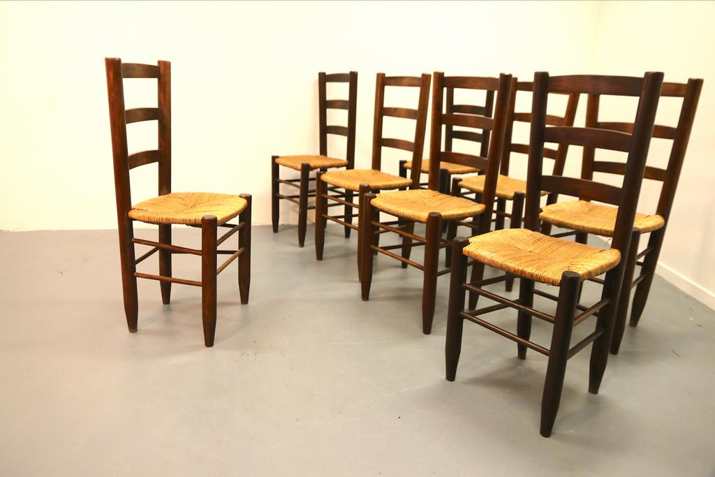 Set van 8 (of 12) Perriand Bauche stoelen Les Arcs jaren 70, Ophalen of Verzenden