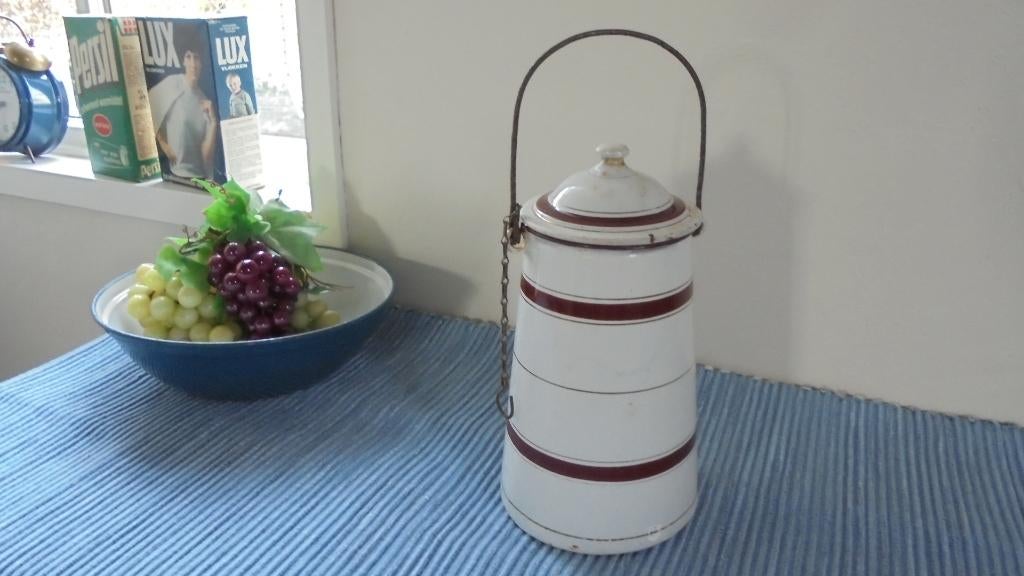 wit emaille melkbus met bruine bies H25cm, Antiek en Kunst, Antiek | Emaille, Ophalen of Verzenden