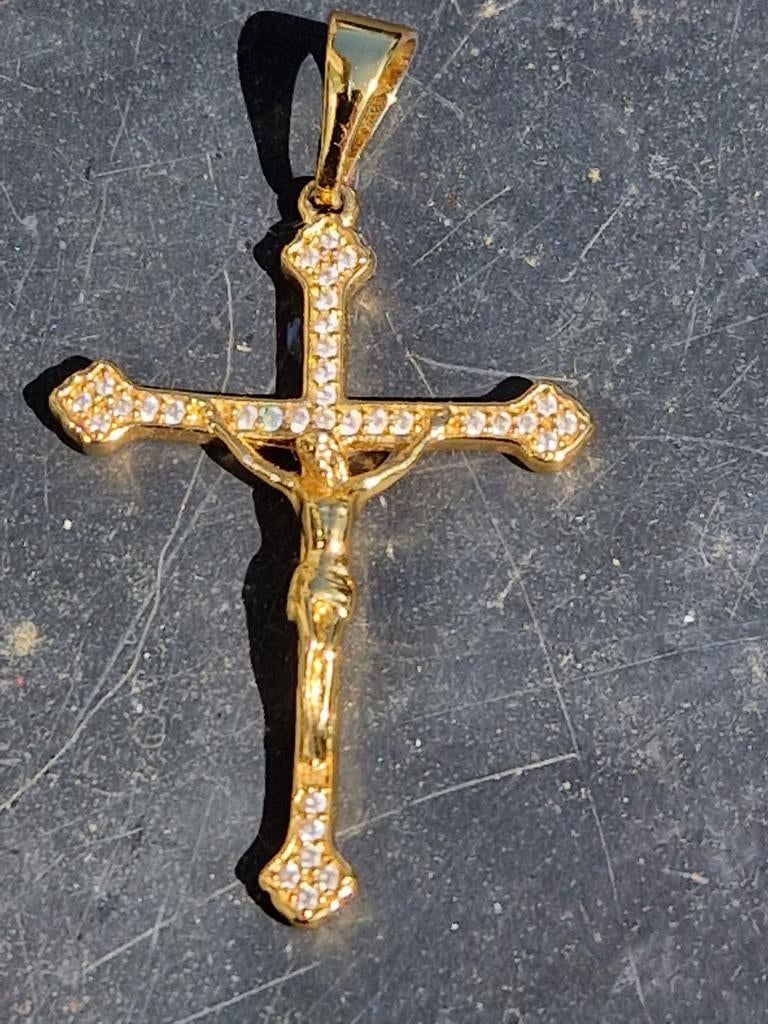 Crucifix kruisje goud verguld 18 karaats Jezus aan kruis, Met edelsteen, Ophalen of Verzenden, Zo goed als nieuw, Kruis of Symbool