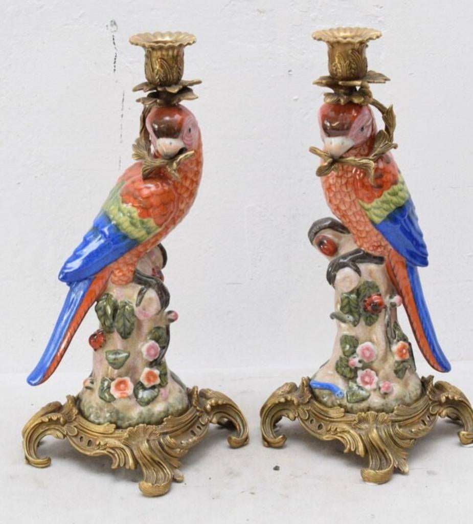 Kandelaars met Papegaaien - van porselein en Brons, Ophalen of Verzenden, Koper of Brons