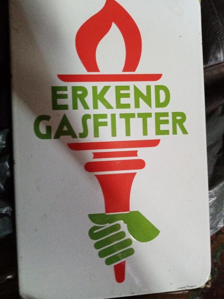 Oud reclamebord "Erkend Gasfitter" Langcat Bussum, Antiek en Kunst, Antiek | Emaille, Ophalen of Verzenden