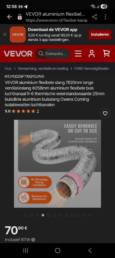 Vevor aluminium flexibele slang, Ophalen, 6 meter of meer, Overige typen, 80 mm of meer