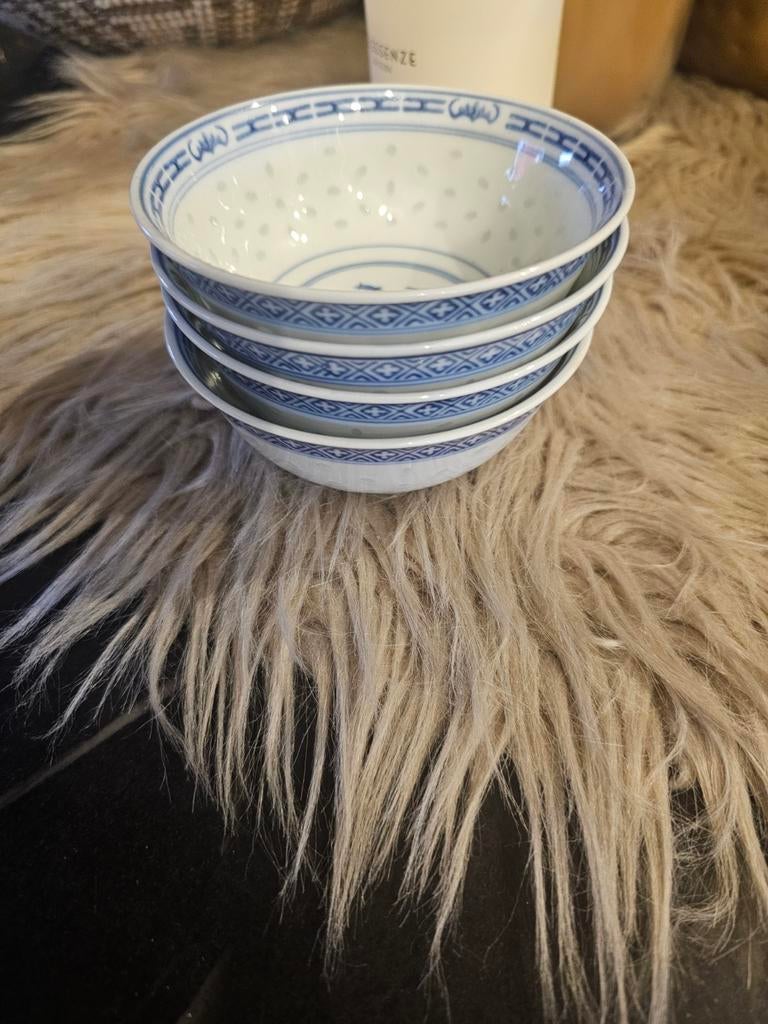 Set van 4 Chinese rijstkommen - Blauw/Wit porselein, Ophalen of Verzenden