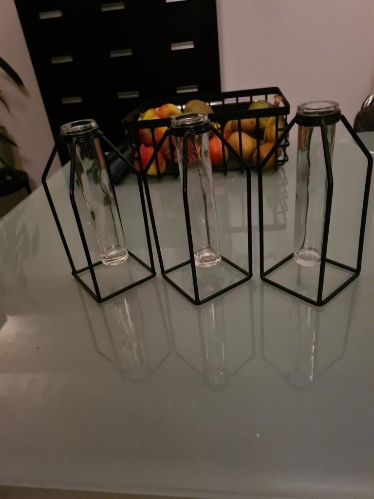 3 industriële mini bloemenvaasjes, Huis en Inrichting, Woonaccessoires | Vazen, Ophalen, Zwart, Minder dan 50 cm, Glas