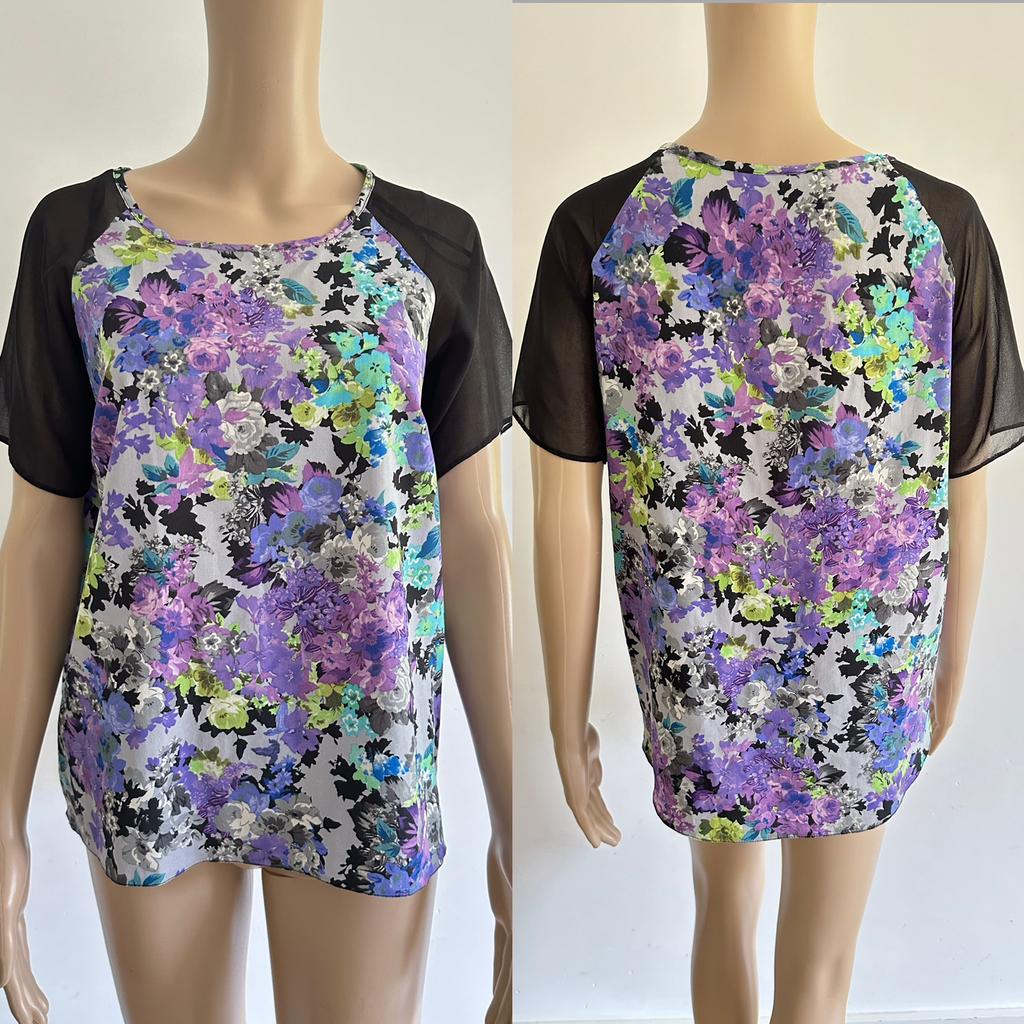 Dames luchtige bloes tuniek paars bloemenprint see through S, Paars, Ophalen of Verzenden, Zo goed als nieuw, Korte mouw