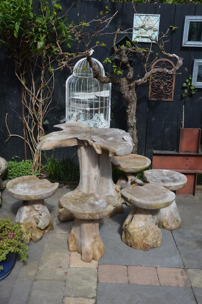 Boomstam tafel met 5 krukjes van Suarhout, handgemaakt, Ophalen, Gebruikt