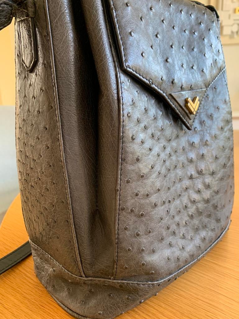 Handtas donkerblauw van struisvogelleer, Ophalen of Verzenden, Zo goed als nieuw, Blauw, Handtas