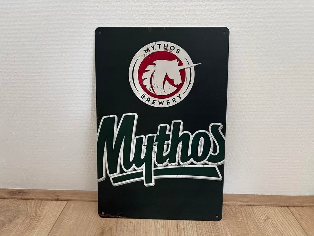 Prachtig vintage reclamebord Mythos (30x20), Ophalen of Verzenden, Zo goed als nieuw, Reclamebord