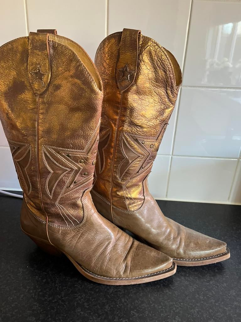 Cowboy laarsen, Kleding | Dames, Schoenen, Hoge laarzen, Verzenden, Beige, Zo goed als nieuw