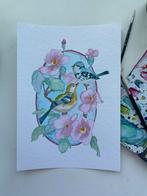 Prachtig Aquarel Schilderij A4: Vogels en Bloesem, Ophalen of Verzenden