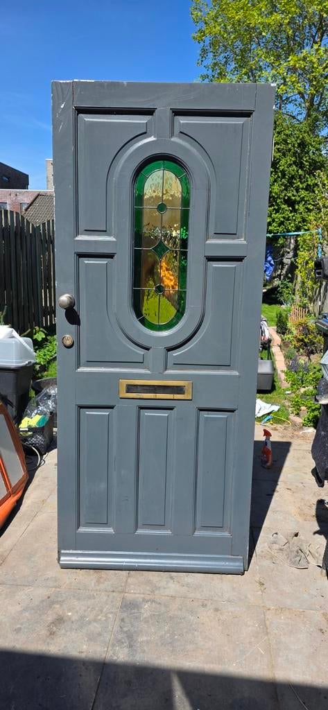 Zware Hardhouten Voordeur & Binnendeur met Glas in Lood, Gebruikt, 80 tot 100 cm, Binnendeur, Ophalen of Verzenden