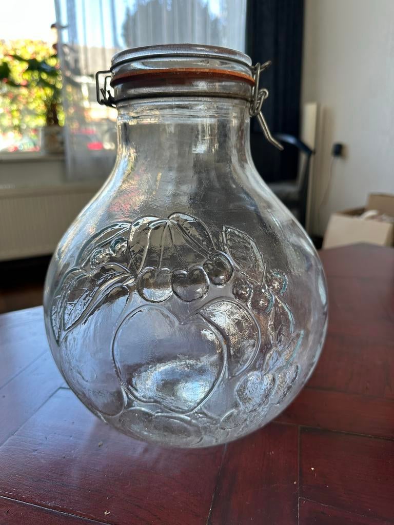 Vintage glazen rumtopf met beugel, Ophalen of Verzenden