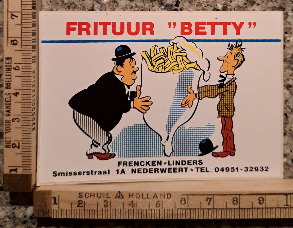 Vintage sticker strip Laurel and Hardy Frituur Betty fret, Verzamelen, Stickers, Zo goed als nieuw, Overige typen, Ophalen of Verzenden