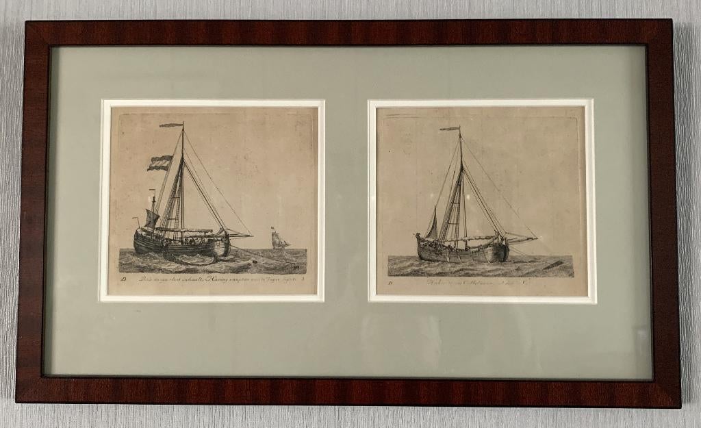 Gerrit Groenewegen 2 gravures ca 1790 Vissersboten, Antiek en Kunst, 31 cm, Dagelijks leven, Met tekst, Ophalen of Verzenden