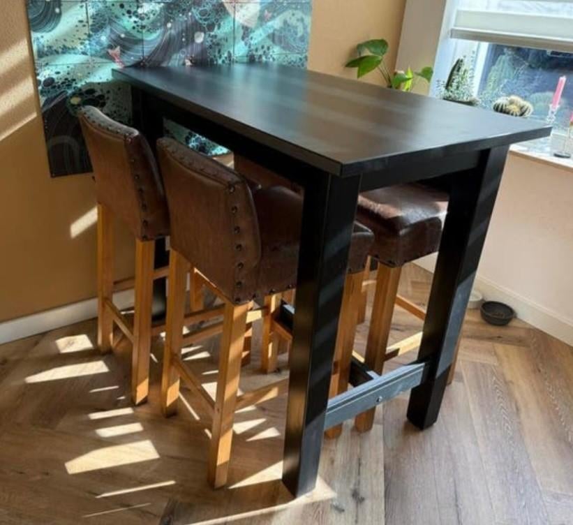 Ikea Nordvicken bartafel + lederen barkrukken, Huis en Inrichting, Barren, Gebruikt, Inclusief barstoelen, Ophalen