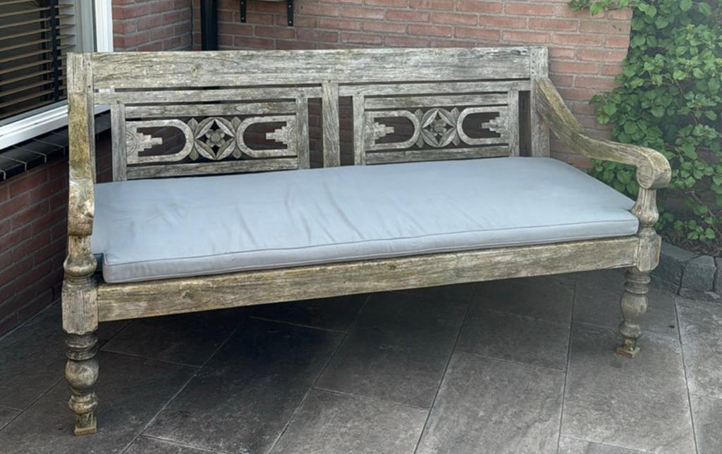 Zware kwaliteit teakhouten stationsbank 200cm, Gebruikt, Driepersoons, 75 tot 100 cm, Ophalen of Verzenden