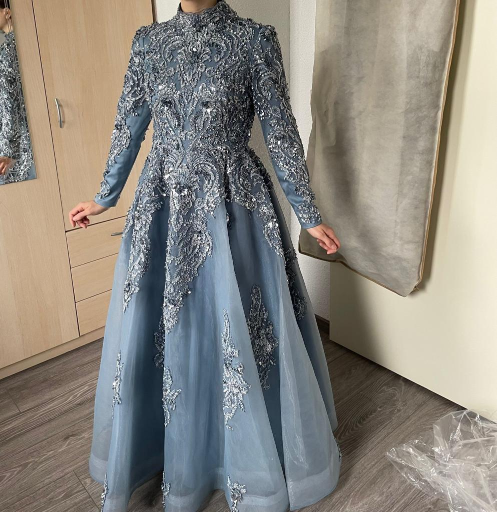 Prachtige Galajurk met Pailletten en Kant - Maat L, Ophalen, Galajurk, Blauw, Maat 42/44 (L)