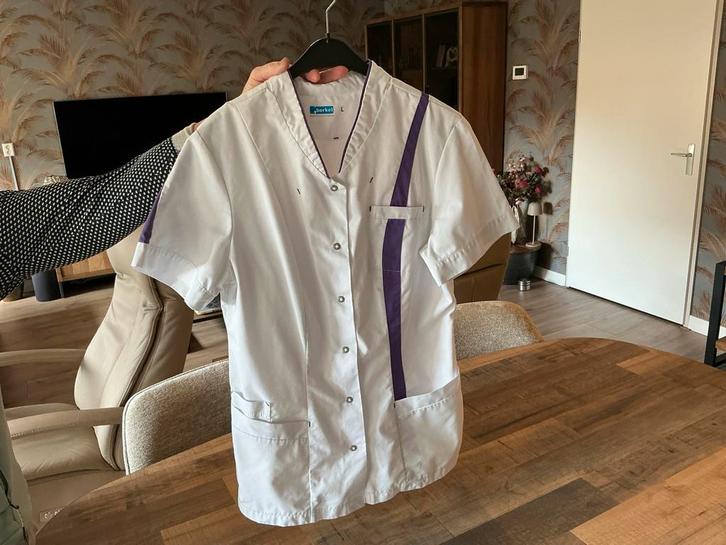 De Berkel Zorgjasje Wit met Paarse Bies Maat L, Kleding | Dames, Overige Dameskleding, Zo goed als nieuw, Ophalen of Verzenden