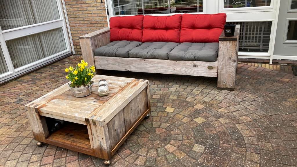 Tuinset 3zits bank steigerhout met verrijdbare tafel, Tuin en Terras, Ophalen, Zo goed als nieuw, Hout