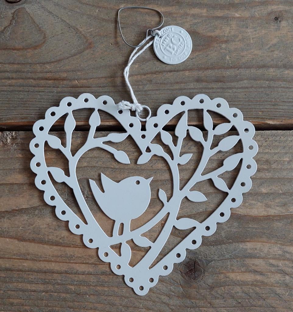 Metalen decoratie hart met vogel, Ophalen of Verzenden, Zo goed als nieuw, Wit, Metaal