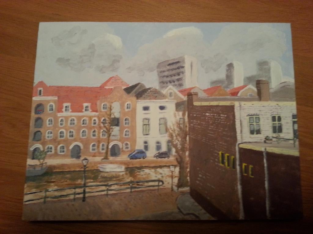 Geschilderd kunstwerk van de Lange Haven (Schiedam), Minder dan 50 cm, Ophalen of Verzenden, Zo goed als nieuw, Schilderij