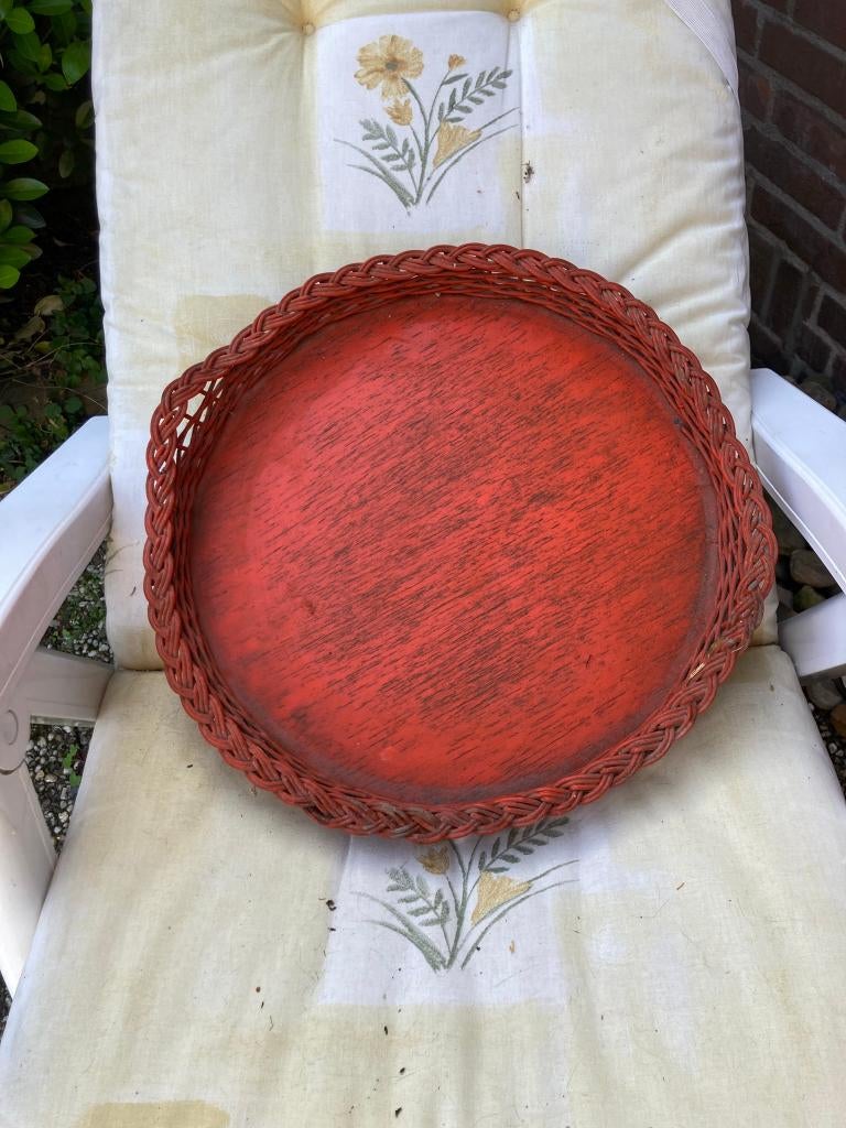 Ronde rieten dienblad in oranje geverfd, Ophalen, Gebruikt, Rond, Hout