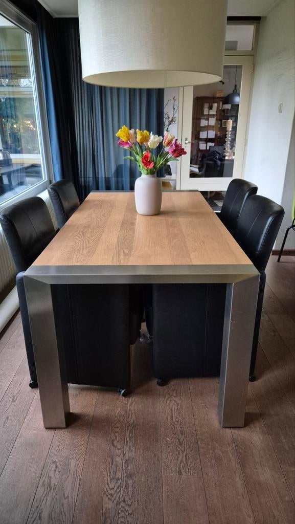 Eetkamertafel met 4 verstelbare leren eetkamerstoelen, Huis en Inrichting, Tafels | Eettafels, Ophalen, Rechthoekig, 50 tot 100 cm