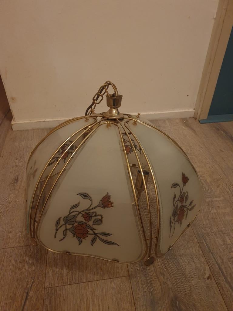 Hanglamp met glas en bloemmotief, Huis en Inrichting, Lampen | Hanglampen, Ophalen, Gebruikt, Glas, Minder dan 50 cm