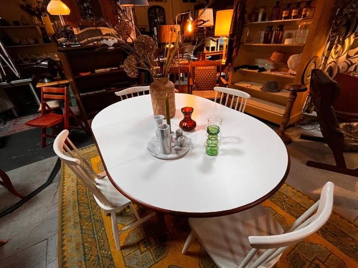 50) Teakhouten vintage eettafel met tussen blad., Huis en Inrichting, Tafels | Eettafels, Gebruikt, 50 tot 100 cm, 150 tot 200 cm