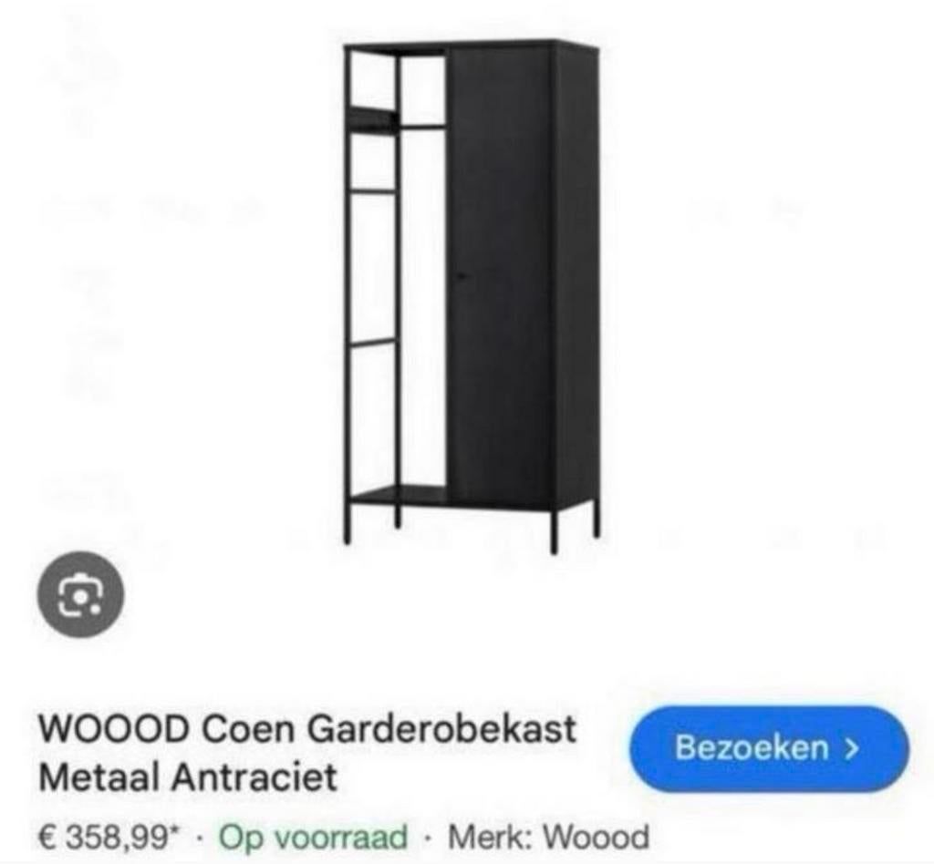 WOOOD Coen Garderobekast Metaal Antraciet, Huis en Inrichting, Kasten | Kledingkasten, Ophalen, 50 tot 100 cm, Zo goed als nieuw