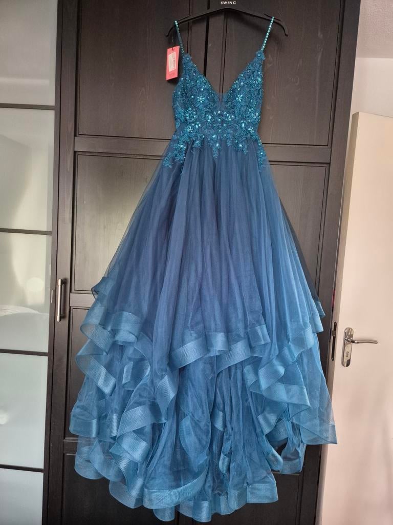 Petrol galajurk met borduursels, Kleding | Dames, Gelegenheidskleding, Maat 38/40 (M), Galajurk, Overige kleuren, Ophalen of Verzenden