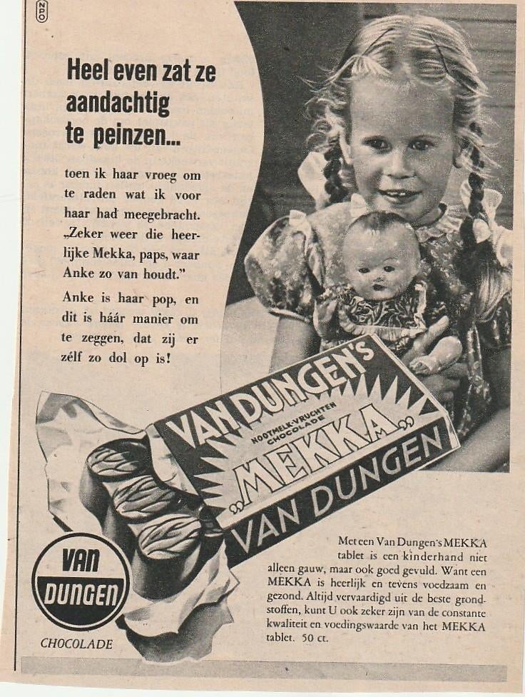 retro reclame 1951 Van Dungen chocolade meisje met pop, Verzenden, Overige typen