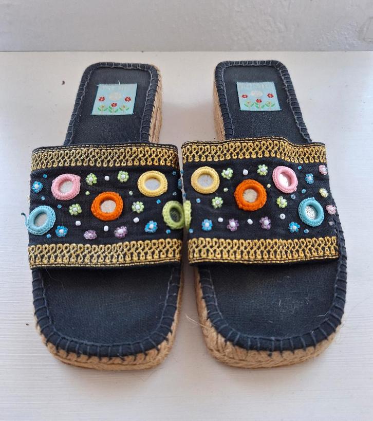 Picnic zwarte touwzool spiegeltjes ibiza slippers, maat 39, Kleding | Dames, Schoenen, Gedragen, Slippers, Zwart, Ophalen of Verzenden