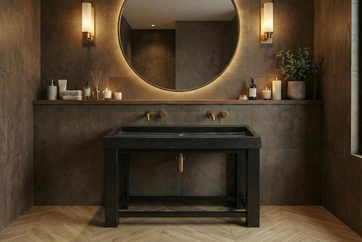 Luxe badmeubelset natuurstenen wastafel en stalen frame, Huis en Inrichting, Badkamer | Badkamermeubels, Nieuw, Wasbak of Wastafel