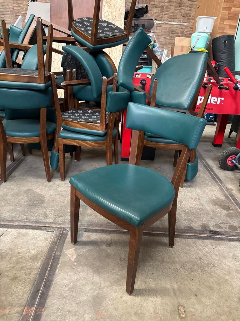 Restaurantstoelen - Groen kunstleer en hout, Gebruikt, Overige kleuren, Ophalen of Verzenden, Vijf, Zes of meer stoelen