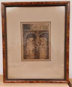 Ets van Brug te Delft & handschrift achterzijde uit 1930, Antiek en Kunst, Ophalen of Verzenden