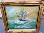 Schilderij van schip op woeste zee in sierlijke lijst, Ophalen