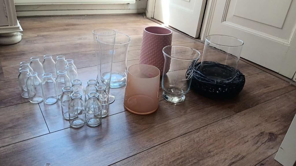 8 vazen in diverse maten en soorten, Huis en Inrichting, Ophalen, Overige kleuren, Minder dan 50 cm, Glas