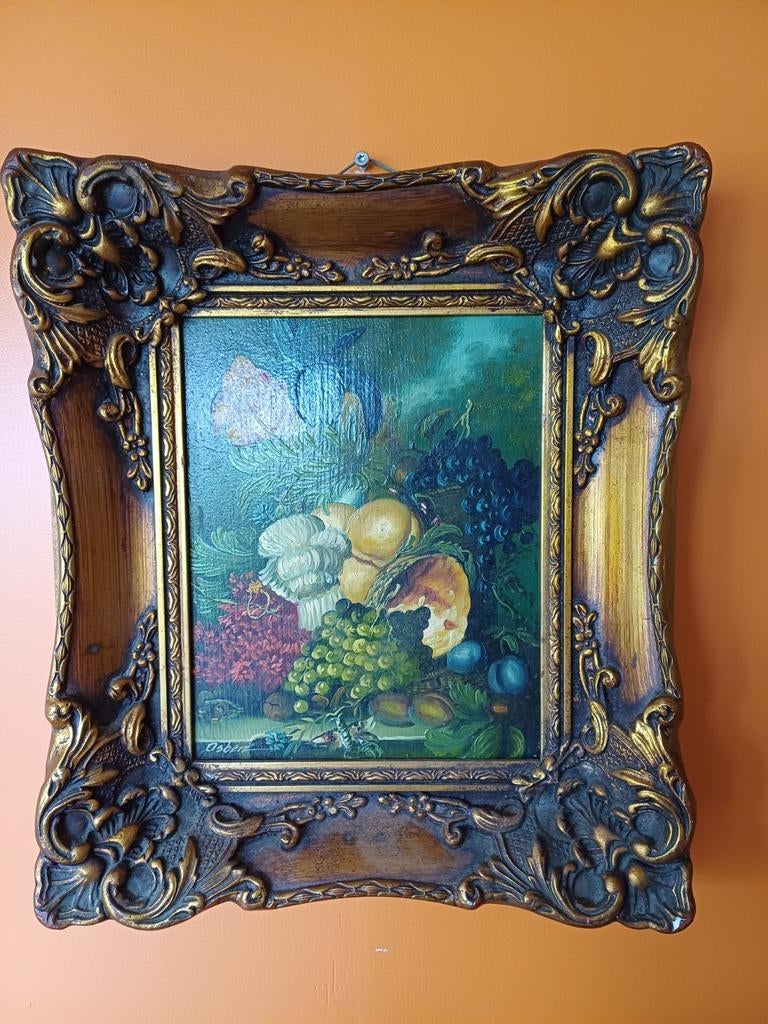 Olieverf op paneel: Stilleven met fruit en bloemen, Ophalen of Verzenden