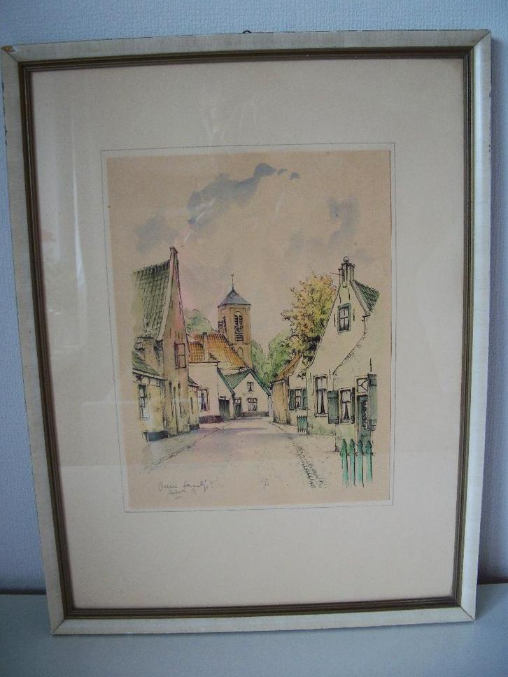 Litho Gerard van Berkel - Velsen Straatje - 32 x 42,5 cm, Antiek en Kunst, Kunst | Schilderijen | Klassiek, Ophalen of Verzenden