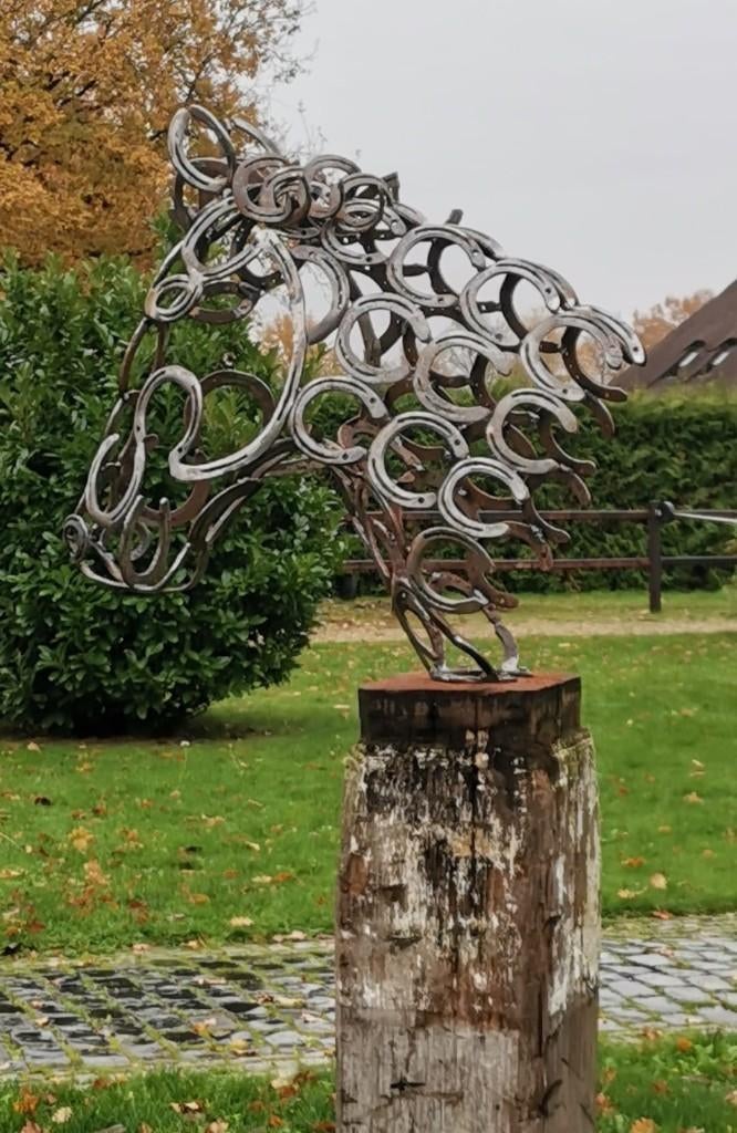 Paardenhoofd uit hoefijzers, hoefijzer bollen, tuindecoratie, Tuin en Terras, Tuinbeelden, Ophalen, Nieuw, Metaal, Abstract beeld