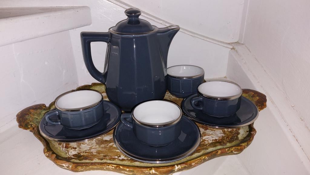 Apilco grijs flora koffiepot 3 kop en schotels  suikerpotje, Ophalen of Verzenden
